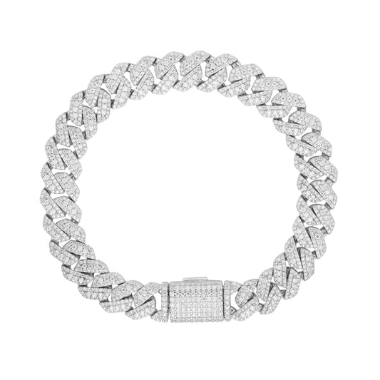 Sterling Silver Round Big Stone in Center Surrounded with Small Stones 10mm Moissanite Cuban Chain 8Inch Bracelet RP 6-7/8 Cttw