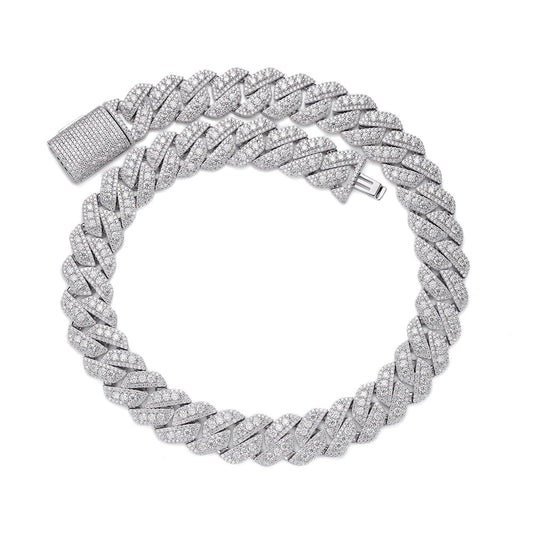 Sterling Silver Round Big Stone in Center Surrounded with Small Stones 12mm Moissanite Cuban Chain 8Inch Bracelet RP 10-7/8 Cttw