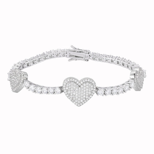 Sterling Silver Round Moissanite 15mm Heart Designer With 3mm Tennis Chain 7 Inch Bracelet RP 1-1/8 Cttw