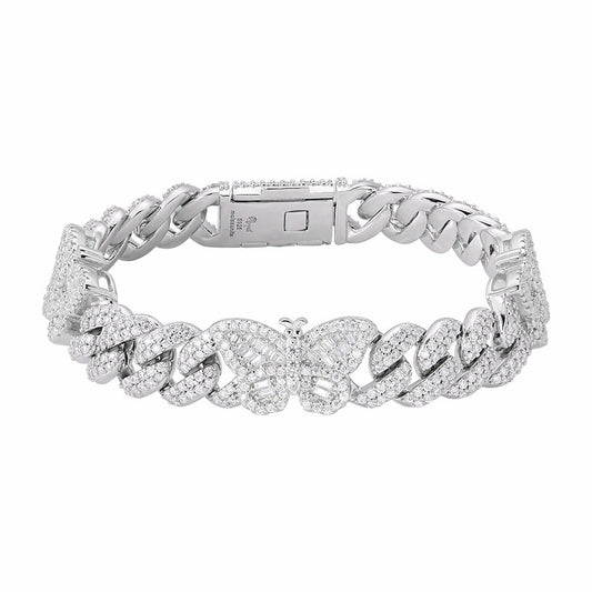 Sterling Silver Round Baguette Moissanite Butterfly Designer 7 Inch Bracelet RP 5-3/4 Cttw