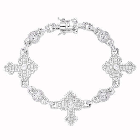 Sterling Silver Round Baguette Moissanite Cross Religious 8 Inch Bracelet RP 10-1/6 Cttw