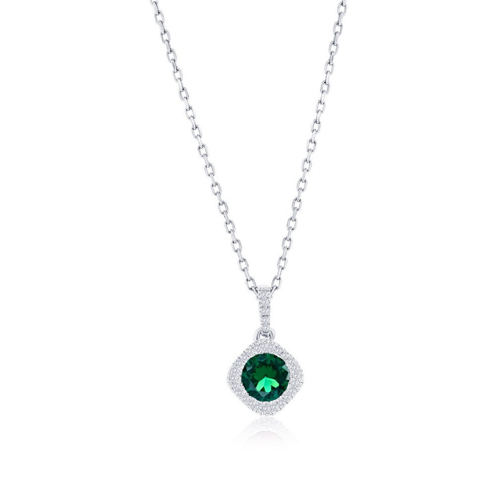 Sterling Silver, Lab-Grown 0.71ct Emerald & 0.07ct Natural Diamond Pendant w/Chain - (30 Stones)