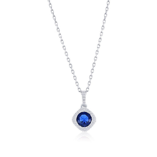 Sterling Silver, Lab-Grown 0.71ct Sapphire & 0.07ct Natural Diamond Pendant w/Chain - (30 Stones)