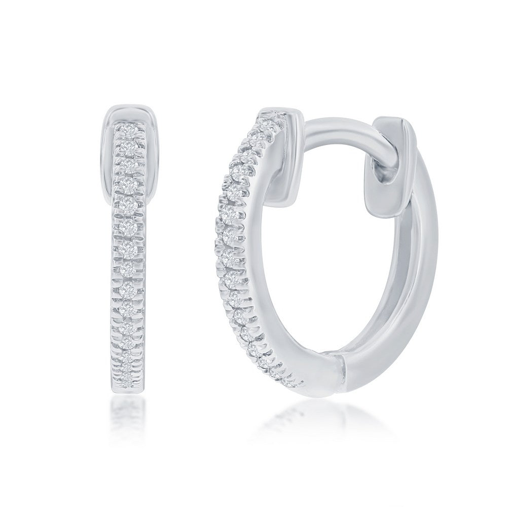 Sterling Silver, 13mm Huggie Diamond Earrings - (32 Stones)