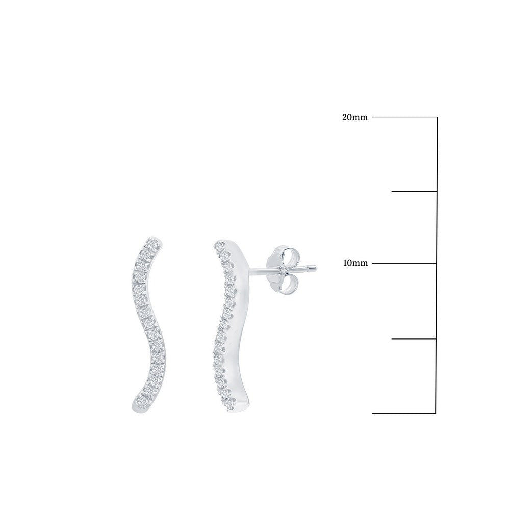 Sterling Silver, Vertical Wave Diamond Earrings - (30 Stones)