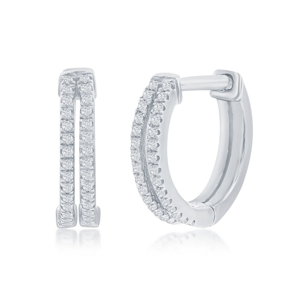 Sterling Silver, 13mm Double Row Huggie, Diamond Earrings - (60 Stones)