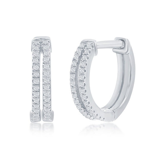Sterling Silver, 13mm Double Row Huggie, Diamond Earrings - (60 Stones)