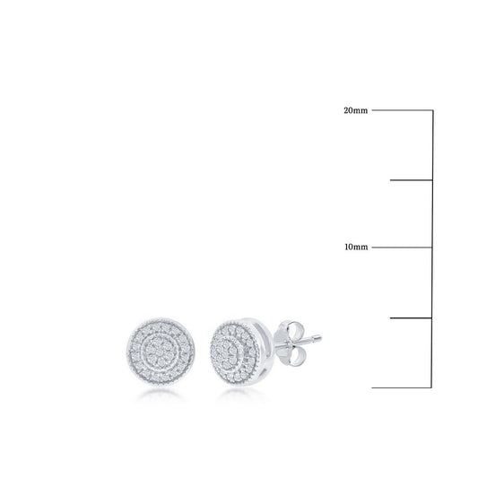 Sterling Silver, Round Halo Diamond Stud Earrings - (46 Stones)