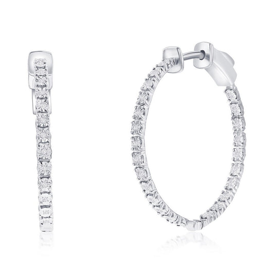 Sterling Silver, 26mm Inside-Outside Diamond Hoop Earrings - (48 Stones)