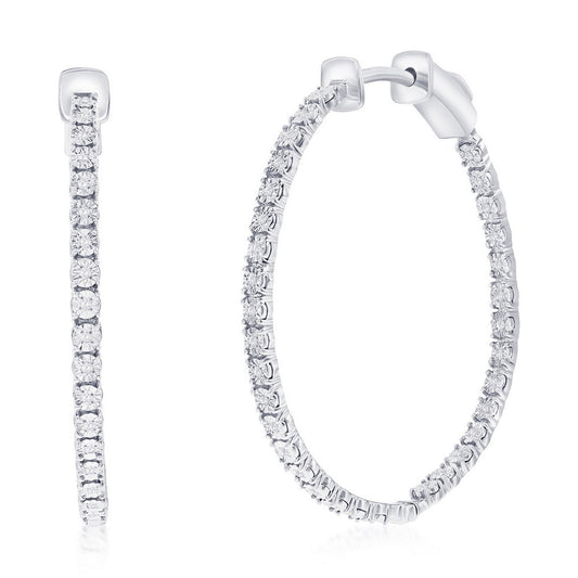 Sterling Silver, 32mm Inside-Outside Diamond Hoop Earrings - (66 Stones)