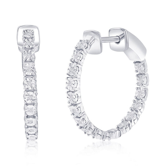 Sterling Silver, 20mm Inside-Outside Diamond Hoop Earrings - (30 Stones)