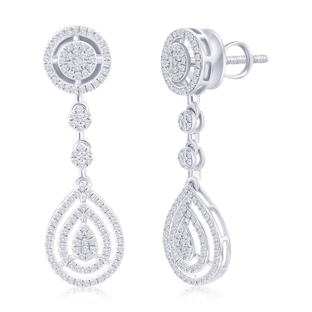 Sterling Silver, Round & Pearshaped Halo Diamond Earrings - (250 Stones)