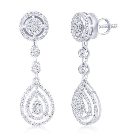 Sterling Silver, Round & Pearshaped Halo Diamond Earrings - (250 Stones)