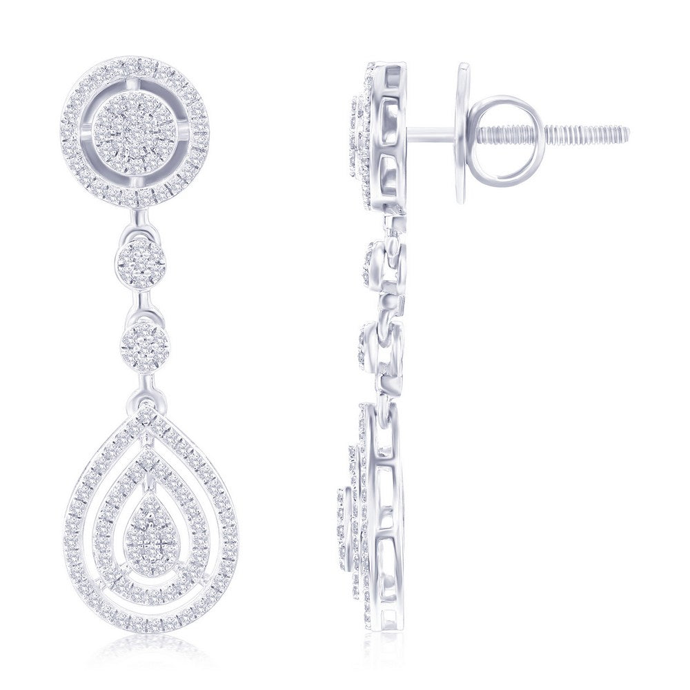 Sterling Silver, Round & Pearshaped Halo Diamond Earrings - (250 Stones)