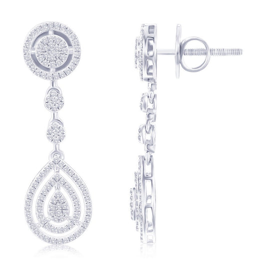 Sterling Silver, Round & Pearshaped Halo Diamond Earrings - (250 Stones)