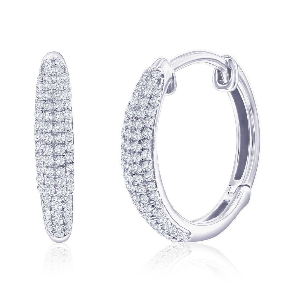 Sterling Silver, 15mm Diamond Hoop Earrings - (140 Stones)
