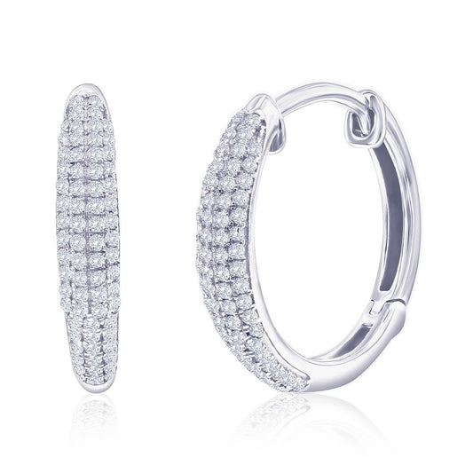 Sterling Silver, 15mm Diamond Hoop Earrings - (140 Stones)