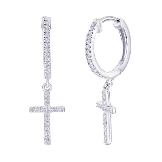 Sterling Silver, Cross Charm Diamond Huggies - (50 Stones)