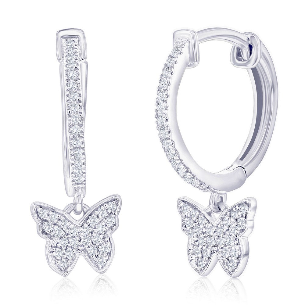 Sterling Silver, Butterfly Charm Diamond Huggies - (74 Stones)