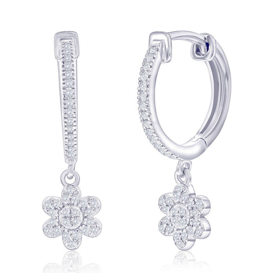 Sterling Silver Flower Charm Diamond Huggies - (74 Stones)