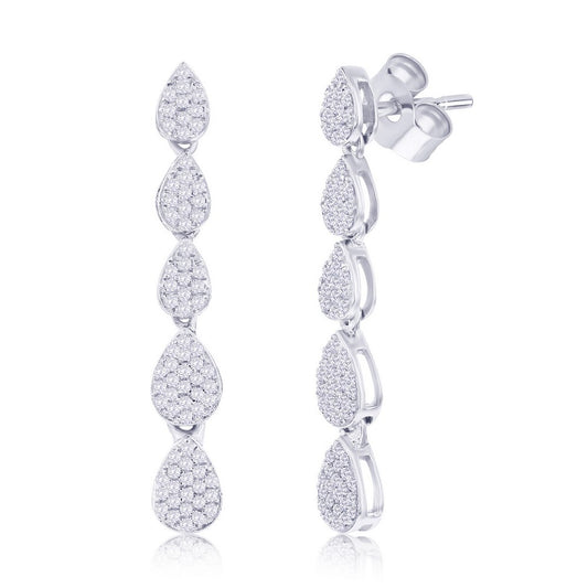 Sterling Silver, Graduating Pearshaped Diamond Earrings - (152 Stones)