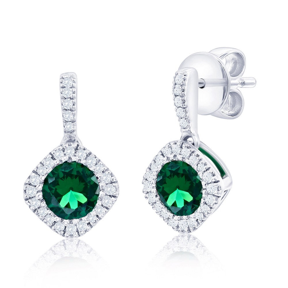Sterling Silver, Lab-Grown 1.04cttw Emerald & 0.13cttw Natural Diamond Earrings - (52 Stones)
