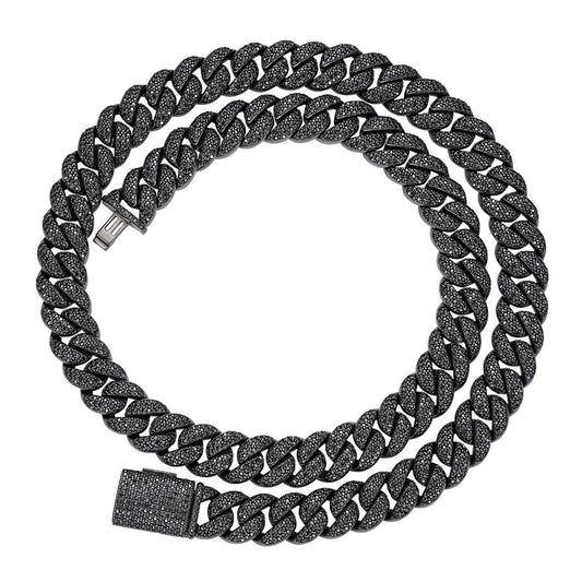 Sterling Silver 12mm Round Black Moissanite Miami Cuban Chain 22 Inch Mens Necklace BP+BP 19-5/8 Cttw