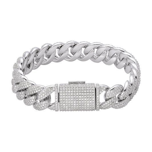 S.Silver Round Moissanite 15mm Cuban 8.50 Inch Bracelet PP 11-3/4 Cttw