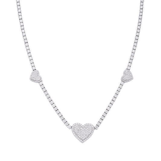 Sterling Silver Round Moissanite 15mm Heart Designer With 3mm Tennis Chain 18 Inch Necklace RP 1-1/3 Cttw