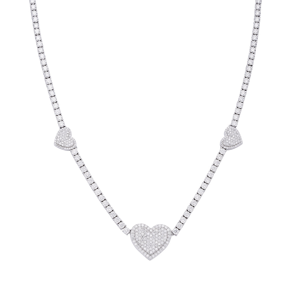 S.Silver Round Moissanite 15mm Heart Designer With 3mm Tennis Chain 20 Inch Necklace RP 1-1/3 Cttw
