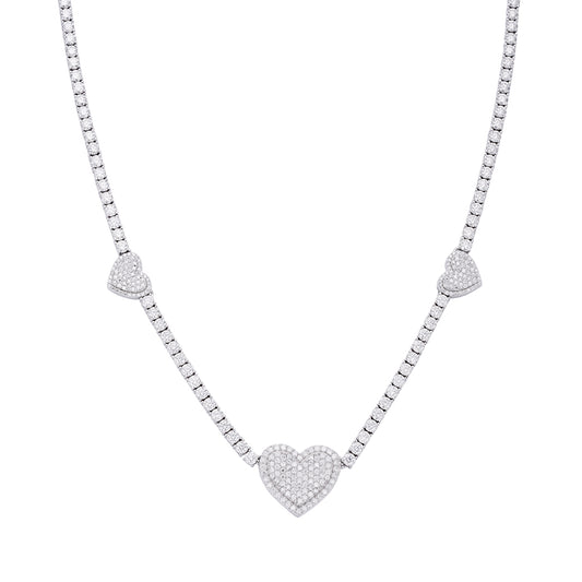 S.Silver Round Moissanite 15mm Heart Designer With 3mm Tennis Chain 20 Inch Necklace RP 1-1/3 Cttw