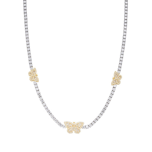 Sterling Silver Round Baguette Moissanite Butterfly Designer 18 Inch Necklace RP+GP 1-5/8 Cttw