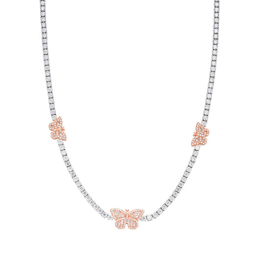 Sterling Silver Round Baguette Moissanite Butterfly Designer 18 Inch Necklace RP+PP 1-5/8 Cttw