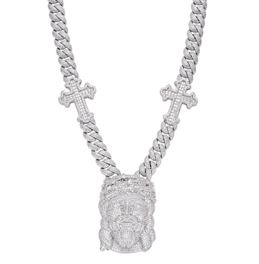 Sterling Silver Round Baguette Moissanite Jesus & Cross Cuban Designer 22Inch Necklace RP 38-1/2 Cttw