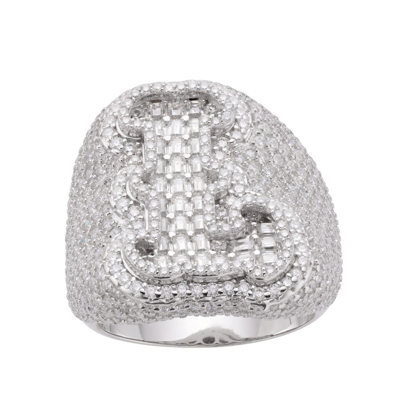 Sterling Silver Round Baugette Moissanite Albhabet L letter Initial SZ 10 Mens Ring RP 6-5/8 Cttw