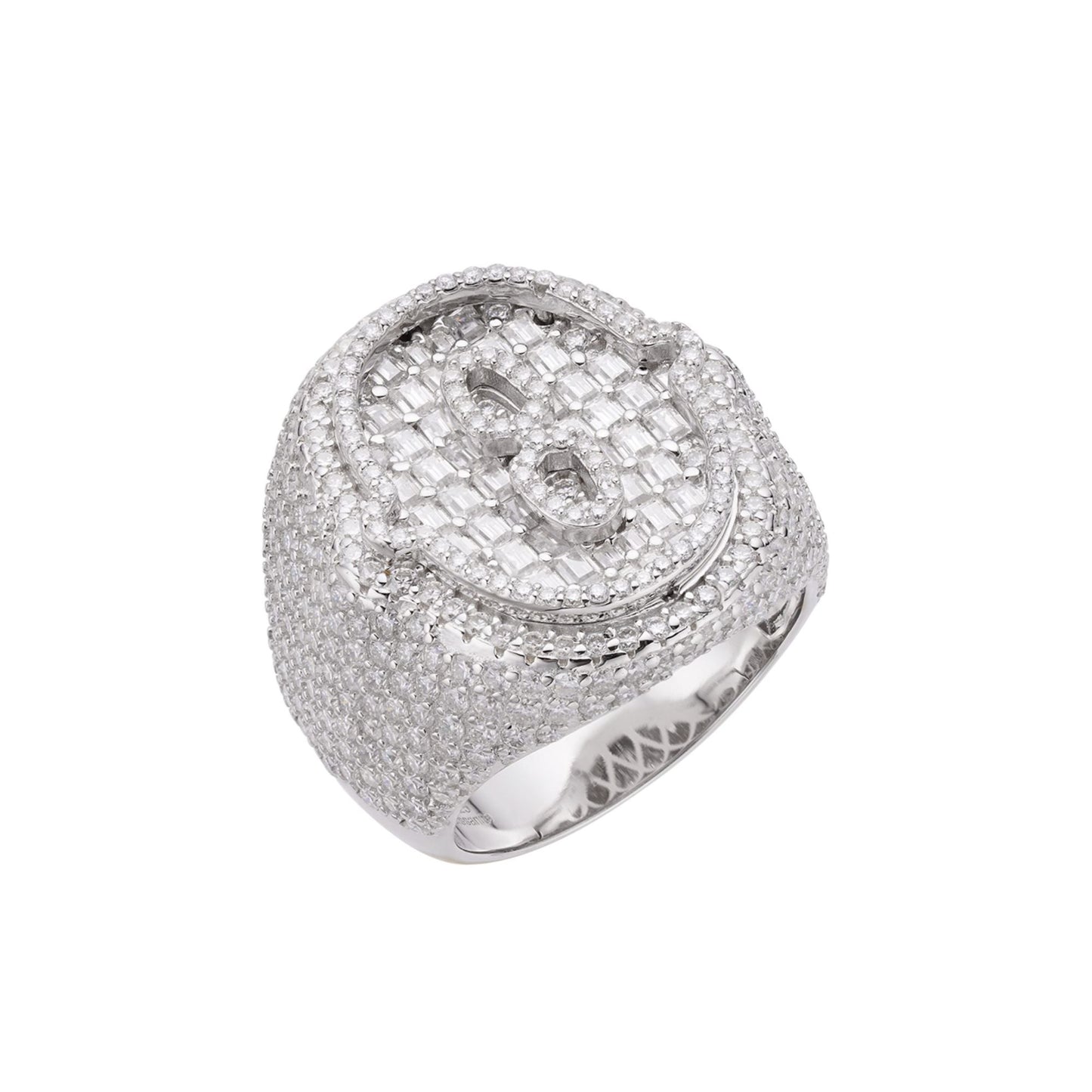 Sterling Silver Round Baugette Moissanite Albhabet O letter Initial SZ 10 Mens Ring RP 6-3/8 Cttw