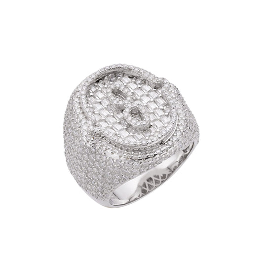 Sterling Silver Round Baugette Moissanite Albhabet O letter Initial SZ 10 Mens Ring RP 6-3/8 Cttw