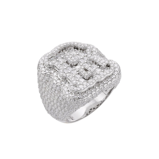 Sterling Silver Round Baugette Moissanite Albhabet R letter Initial SZ 10 Mens Ring RP 6-7/8 Cttw