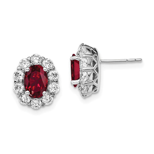 14k White Gold 1 1/5 ct Lab Grown Dia VS/SI+ G+& Cr Ruby Halo Post Earrings