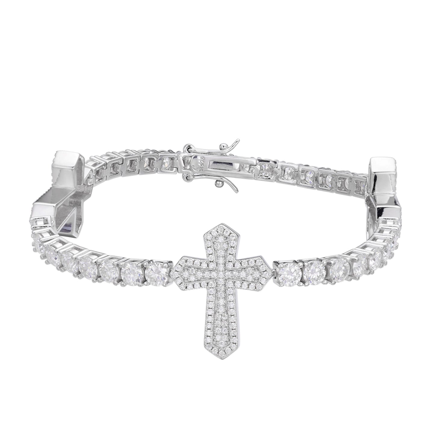 Sterling Silver Round Moissanite Cross Religious Bracelet 8.5 Inch RP 12-1/3 Cttw