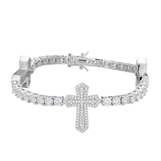 Sterling Silver Round Moissanite Cross Religious Bracelet 8.5 Inch RP 12-1/3 Cttw