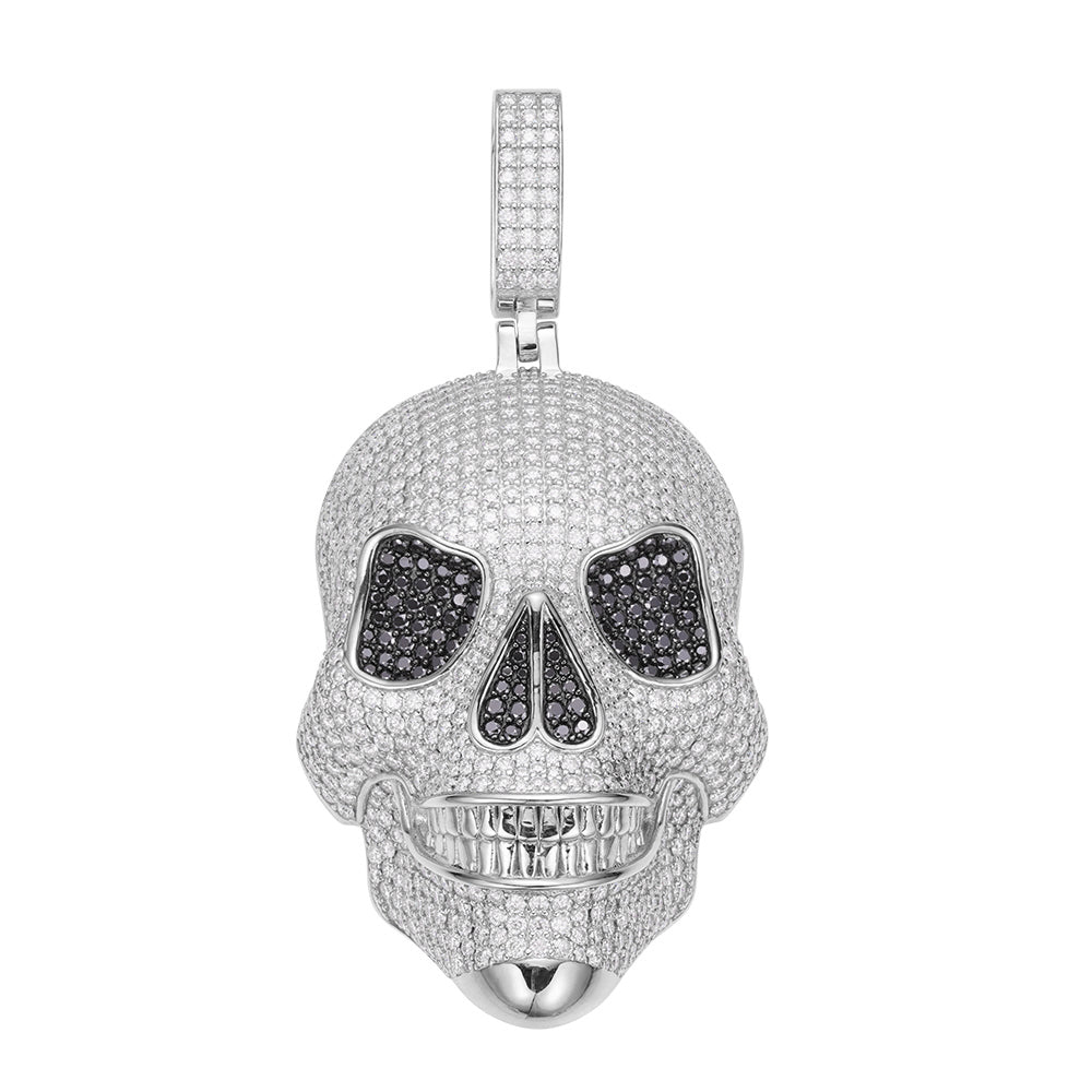 S.Silver Round White Black Moissanite Big Skull Designer Pendant RP 23-5/8 Cttw