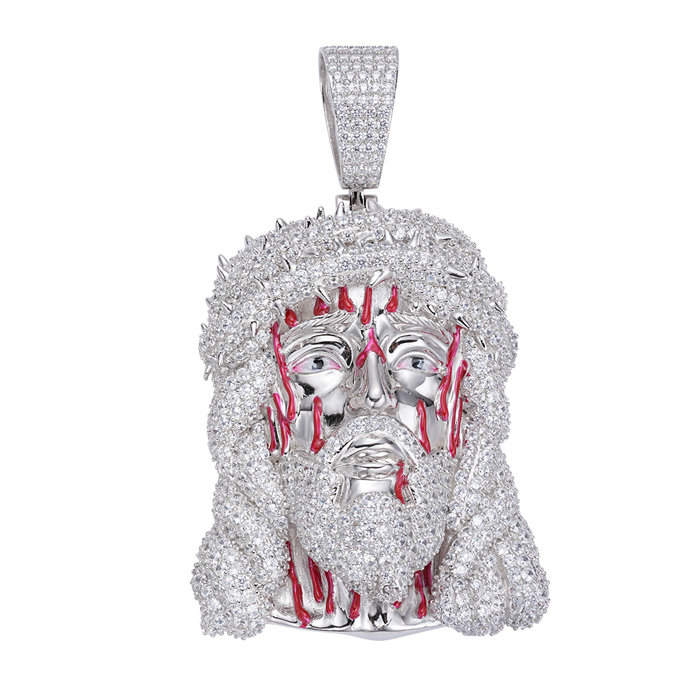 Sterling Silver 60mm Round Moissanite Jesus Face Religious Pendant RP 21-5/8 Cttw