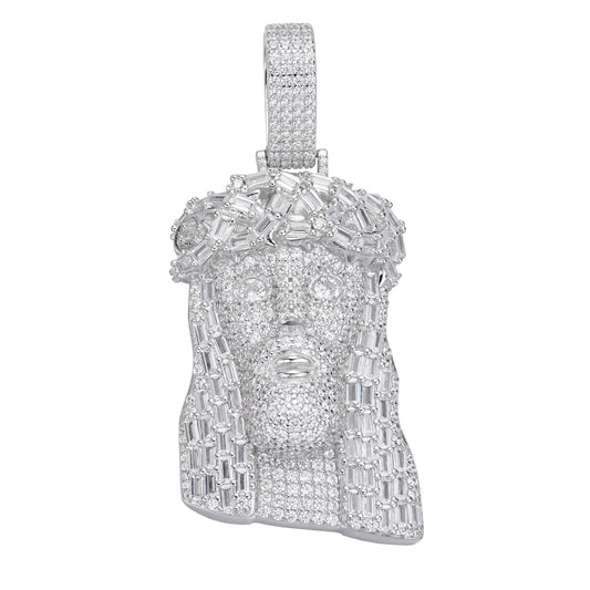 S.Silver 45mm Round Baguette Moissanite Jesus Face Religious Pendant RP 8-7/8 Cttw