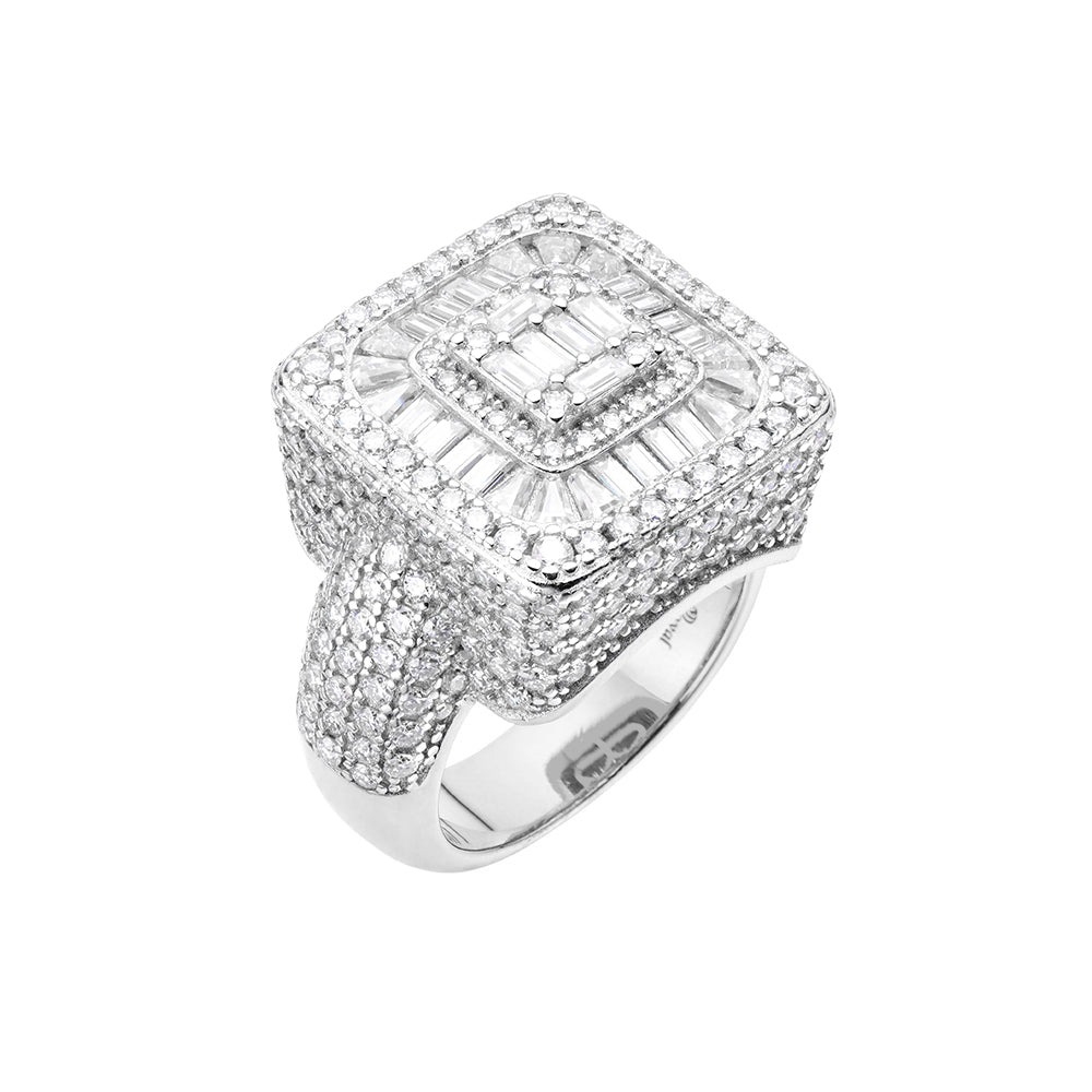 S.Silver Round Baguette Moissanite Square Shape Designer Sz 7 Mens Ring RP 6-1/3 Cttw