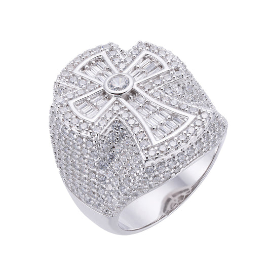 Sterling Silver Round Baguette Moissanite Cross Religious Sz 10 Mens Ring RP 4-7/8 Cttw