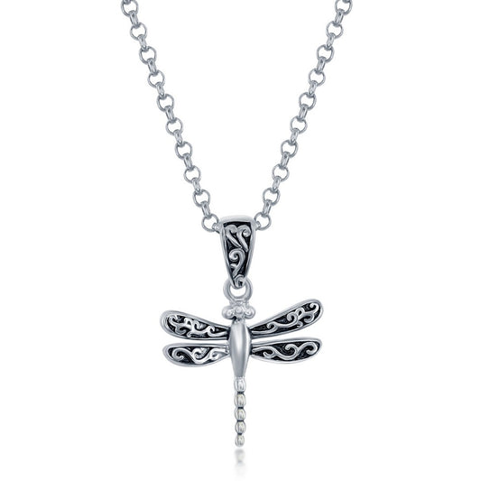 Sterling Silver, Oxidized Small Dragonfly Pendant w/Chain