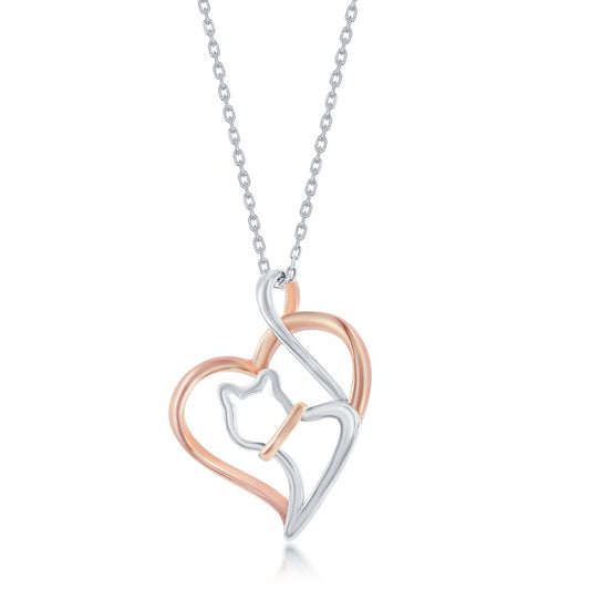 Sterling Silver, Rose Gold Heart Cat Pendant - Two-Tone