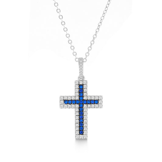 Sterling Silver Clear and Blue CZ Micro Pave Cross Pendant