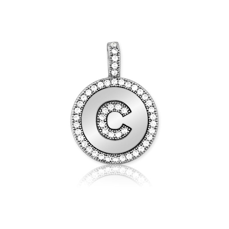 Sterling Silver Micro Pave Circle "C" Pendant W/Chain